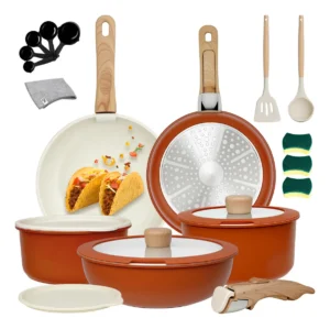 1 Batería de Cocina de Cerámica Antiadherente 22 Piezas con Mango Desmontable | Apta para Inducción y Gas