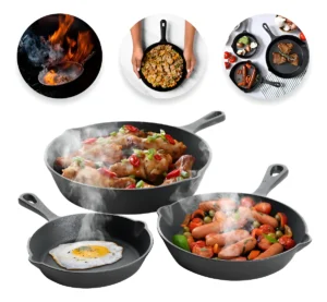Set de 3 Sartenes de Hierro Fundido Antiadherente en Color Negro | Alta Resistencia