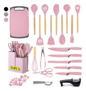 1 Set 31 Utensilios de Cocina de Silicona Rosa
