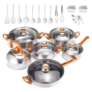 Batería de Cocina Antiadherente de Acero Inoxidable 29 Piezas – Ollas y Sartenes Plateados Compatibles con Inducción y Gas