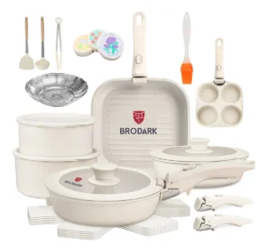 1 Juego de Sartenes 25 Piezas Antiadherentes | Batería de Cocina para Inducción, Horno y Gas con Wok, Vaporeras, Tapas y Mangos Desmontables – Color Blanco