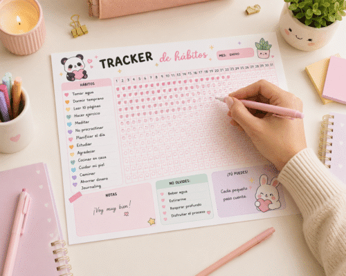 tracker de hábitos imprimible pdf kawaii | planificador de rutinas y metas digital
