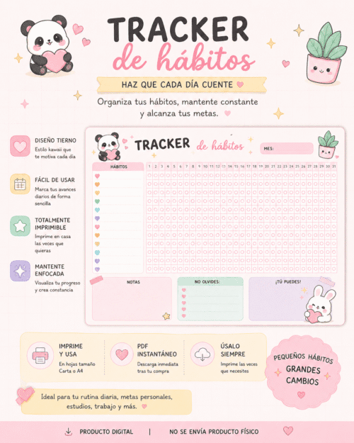 tracker de hábitos imprimible pdf kawaii | planificador de rutinas y metas digital