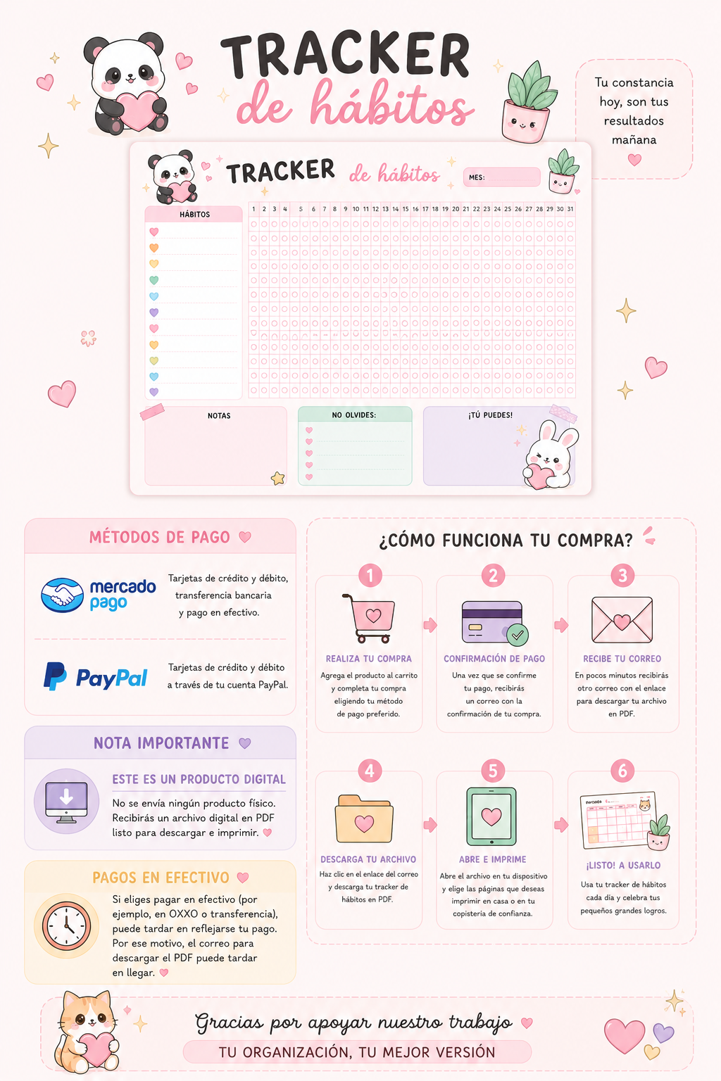 tracker de hábitos imprimible pdf kawaii | planificador de rutinas y metas digital