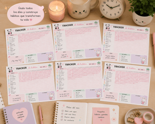 tracker de hábitos imprimible pdf kawaii | planificador de rutinas y metas digital