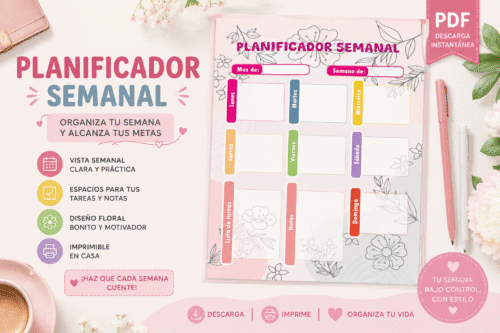 planner semanal digital imprimible pdf tamaño carta aesthetic floral | modelo 1